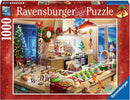 Merry Mischief jigsaw puzzle by Ravensburger featuring a festive kitchen scene filled with Christmas decorations, treats, and a beautifully decorated Christmas tree. The countertop displays colorful cookies and gingerbread figures, creating a whimsical holiday atmosphere. Perfect for family gatherings and cozy evenings.