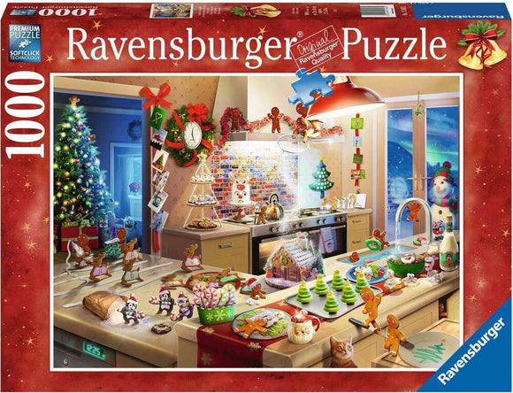 Merry Mischief jigsaw puzzle by Ravensburger featuring a festive kitchen scene filled with Christmas decorations, treats, and a beautifully decorated Christmas tree. The countertop displays colorful cookies and gingerbread figures, creating a whimsical holiday atmosphere. Perfect for family gatherings and cozy evenings.
