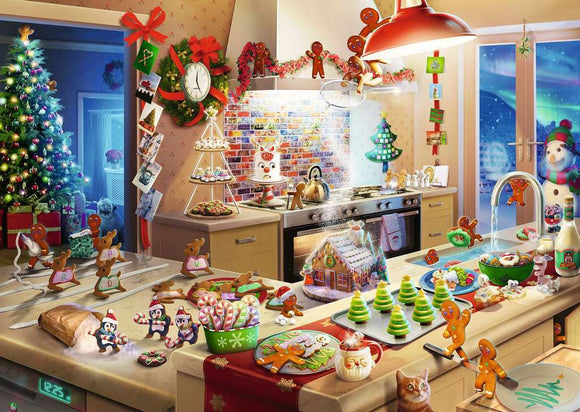 A vibrant jigsaw puzzle titled 'Merry Mischief' by Ravensburger features a whimsical Christmas kitchen scene. It showcases festive decorations like a Christmas tree, wreath, and colorful lights. The counter displays various gingerbread cookies in shapes like penguins and trees, along with decorated treats and a charming gingerbread house. A snowman is visible through the window, adding to the cozy, cheerful holiday ambiance.