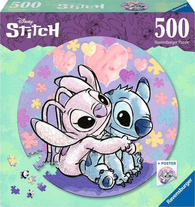 500-piece round jigsaw puzzle featuring Stitch and Angel from Disney. The vibrant design showcases the characters hugging against a colorful pastel background, with puzzle pieces scattered around.