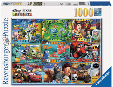 Disney•Pixar Movies 1000 pc Jigsaw Puzzle by Ravensburger featuring a collage of beloved characters and movie posters from iconic films such as Toy Story, Finding Nemo, and Monsters, Inc. The puzzle is designed for both kids and adults, offering a fun and engaging activity for families and fans of Pixar.