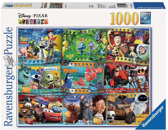 Disney•Pixar Movies 1000 pc Jigsaw Puzzle by Ravensburger featuring a collage of beloved characters and movie posters from iconic films such as Toy Story, Finding Nemo, and Monsters, Inc. The puzzle is designed for both kids and adults, offering a fun and engaging activity for families and fans of Pixar.