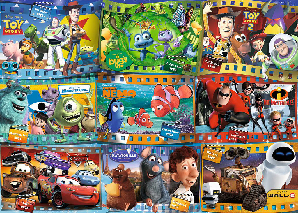 A vibrant jigsaw puzzle depicting beloved Disney•Pixar characters from popular movies including Toy Story, Monsters, Inc., Finding Nemo, and Cars. Featuring colorful artwork with iconic scenes and characters like Woody, Buzz Lightyear, Sulley, Mike Wazowski, and more. The puzzle consists of 1000 pieces, perfect for family bonding and entertainment.