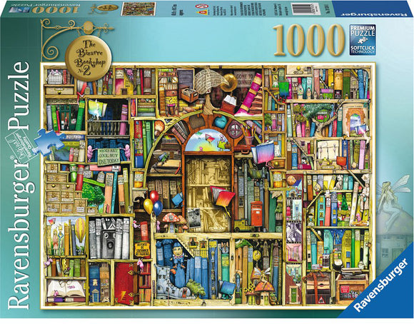 A colorful and whimsical illustration of a jigsaw puzzle box featuring 'The Bizarre Bookshop 2' by Ravensburger. The design showcases a busy bookshop setting filled with shelves of books, various quirky items, and playful elements like balloons and a fairy. It's a vibrant and intricate 1000-piece jigsaw puzzle ready for puzzle enthusiasts.