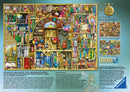 A detailed jigsaw puzzle image featuring a whimsical bookshop filled with colorful books, quirky signs, and playful characters. It showcases an intricate design that invites viewers to explore the many delightful elements hidden within the shelves, such as balloons, magical creatures, and humorous quotes. The artwork is by Colin Thompson and presents a vibrant 1000-piece puzzle by Ravensburger.
