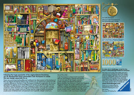 A detailed jigsaw puzzle image featuring a whimsical bookshop filled with colorful books, quirky signs, and playful characters. It showcases an intricate design that invites viewers to explore the many delightful elements hidden within the shelves, such as balloons, magical creatures, and humorous quotes. The artwork is by Colin Thompson and presents a vibrant 1000-piece puzzle by Ravensburger.