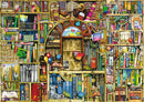 A colorful jigsaw puzzle featuring a whimsical bookshop interior filled with books, quirky characters, and charming details. The image depicts shelves overflowing with books, playful illustrations, and vibrant colors, capturing the essence of a magical bookshop atmosphere.