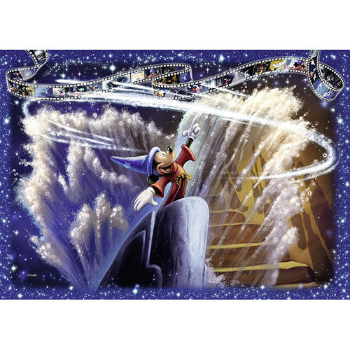 Ravensburger Fantasia 1000-piece jigsaw puzzle featuring a magical scene of Mickey Mouse in a wizard hat. He stands on a cliff surrounded by cascading water and sparkling stars, with film reels swirling above him, capturing the enchanting spirit of Disney.