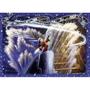 Ravensburger Fantasia 1000-piece jigsaw puzzle featuring a magical scene of Mickey Mouse in a wizard hat. He stands on a cliff surrounded by cascading water and sparkling stars, with film reels swirling above him, capturing the enchanting spirit of Disney.