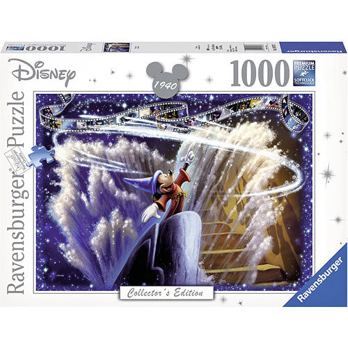 Fantasia 1000-piece jigsaw puzzle by Ravensburger, featuring a vibrant illustration of Mickey Mouse casting magical spells amidst a dazzling backdrop of stars and swirling lights. The puzzle is part of a collector's edition for Disney fans, showcasing intricate details and rich colors.