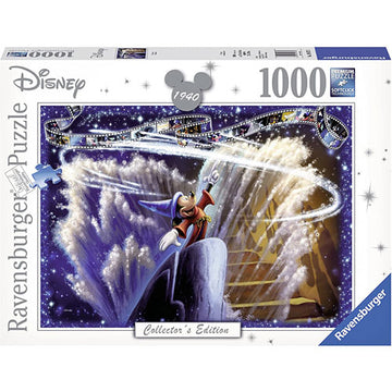Fantasia 1000-piece jigsaw puzzle by Ravensburger, featuring a vibrant illustration of Mickey Mouse casting magical spells amidst a dazzling backdrop of stars and swirling lights. The puzzle is part of a collector's edition for Disney fans, showcasing intricate details and rich colors.