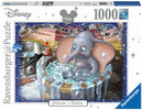 A colorful 1000-piece jigsaw puzzle featuring Dumbo, the beloved Disney elephant, happily splashing in a tub filled with bubbles. Accompanied by a tiny animated character, the scene is framed with sparkling lights and a film strip in the background, evoking a sense of nostalgia and joy. The puzzle comes from Ravensburger, known for their premium quality and Softclick technology.