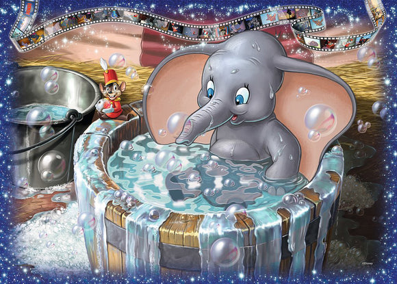 A colorful jigsaw puzzle featuring Dumbo the elephant, joyfully splashing in a wooden tub filled with water and bubbles. Accompanied by a character in a red outfit, the scene is set against a starry background with film reel motifs highlighting moments from Dumbo's story.