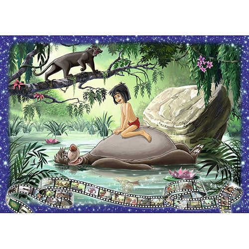 A vibrant jigsaw puzzle featuring characters from The Jungle Book. Mowgli, a young boy, is joyfully riding on the back of Baloo, the bear, in a lush jungle setting. Above them, a playful monkey watches from a tree branch. The background is filled with tropical plants and flowers, with a serene water scene beneath them. The outer border has a starry night theme, enhancing the enchanted atmosphere.