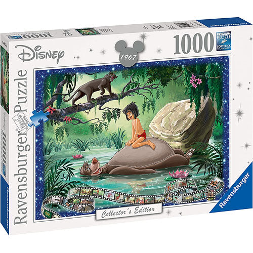 A colorful jigsaw puzzle box featuring a scene from The Jungle Book. The image depicts Mowgli sitting on Baloo, surrounded by lush greenery and playful monkeys. The puzzle contains 1000 pieces and is a Collector's Edition by Ravensburger.