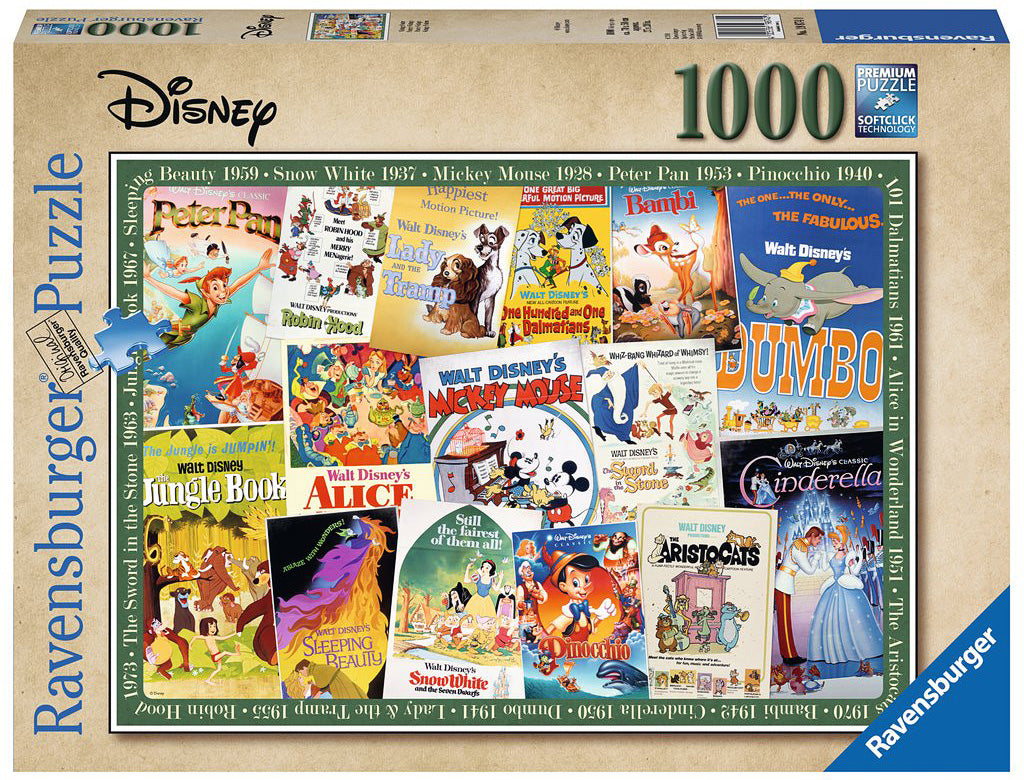 A Ravensburger jigsaw puzzle featuring Disney vintage movie posters. The design showcases classic films such as Peter Pan, Snow White, Dumbo, and Cinderella. The vibrant artwork includes iconic characters and colorful illustrations, perfect for Disney fans and puzzle enthusiasts. This 1000-piece puzzle combines nostalgia and entertainment, making it a wonderful addition to family game night or a casual hobby.