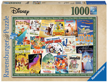 A Ravensburger jigsaw puzzle featuring Disney vintage movie posters. The design showcases classic films such as Peter Pan, Snow White, Dumbo, and Cinderella. The vibrant artwork includes iconic characters and colorful illustrations, perfect for Disney fans and puzzle enthusiasts. This 1000-piece puzzle combines nostalgia and entertainment, making it a wonderful addition to family game night or a casual hobby.
