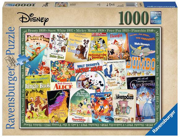 A 1000-piece jigsaw puzzle featuring vintage Disney movie posters from classics like Snow White, Cinderella, and Dumbo. The puzzle showcases artwork from various beloved Disney films, presented in a colorful design that captures the nostalgia of Disney's rich history. The box has a premium finish with Ravensburger's logo and a reminder of its softclick technology for easy-fitting pieces.
