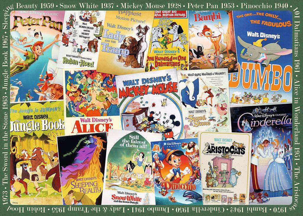 A colorful jigsaw puzzle featuring vintage movie posters from Disney classics such as Peter Pan, Snow White, Dumbo, and more. The design showcases artwork from beloved films, each intricately illustrated and clearly labeled, creating a nostalgic collage of Disney's timeless characters and stories.