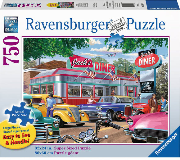 A 750-piece Ravensburger jigsaw puzzle titled 'Meet you at Jack's'. The image features a nostalgic diner scene with classic cars and people, set in a vibrant landscape, highlighting the details of the diner and its surroundings. The puzzle boasts large, easy-to-handle pieces, measuring 32x24 inches when completed.