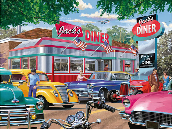 A vibrant jigsaw puzzle scene featuring Jack's Diner with classic cars from the 1950s parked outside. The diner displays a retro design with flags and an open sign, while people engage in lively conversation. The backdrop includes green trees and a blue sky.