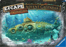 The ESCAPE Advent Calendar by Ravensburger features a vibrant underwater scene with a sunken submarine surrounded by colorful fish and marine life. The submarine, named 'VEGA,' is intricately designed with various details, indicating a thrilling puzzle experience. The background includes shadows of larger sea creatures, adding an adventurous feel. The text hints at a time-sensitive escape challenge.