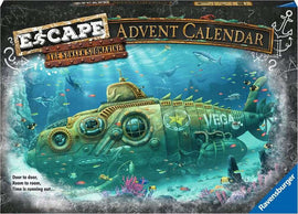 The ESCAPE Advent Calendar by Ravensburger features a vibrant underwater scene with a sunken submarine surrounded by colorful fish and marine life. The submarine, named 'VEGA,' is intricately designed with various details, indicating a thrilling puzzle experience. The background includes shadows of larger sea creatures, adding an adventurous feel. The text hints at a time-sensitive escape challenge.