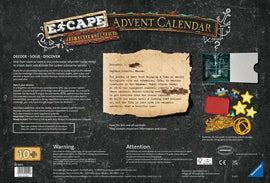 A detailed image of the ESCAPE: Advent Calendar Season jigsaw puzzle by Ravensburger. The back of the box showcases the underwater-themed escape room challenge. It features elements such as riddles, clues, and a narrative centered around a sunken submarine adventure. The design includes various icons like a compass, submarine controls, and secret codes, emphasizing problem-solving and discovery in a game format suitable for ages 10 and up.