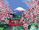 A vibrant depiction of a Japanese landscape featuring a serene scene of cherry blossoms in full bloom, a traditional red pavilion by a calm lake, and Mount Fuji rising majestically in the background under a clear blue sky.