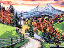 A picturesque scene showcasing the beauty of Bavaria with vibrant autumn foliage. The landscape features rolling hills, a charming church with a steeple, and majestic mountains in the background, all enhanced by a colorful sunset sky.