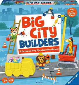 Big City Builders game by Ravensburger featuring vibrant illustrations of animal construction workers, including a tiger with paint and a lion in a hard hat. The colorful game box highlights a puzzle and play theme, suitable for solo and family play.