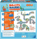 Big City Builders is a vibrant construction-themed game from Ravensburger designed for children aged 3 and up. The game features colorful components including a truck, construction site tiles, and a playboard with roads. Players roll a die to move along the paths, matching tiles, picking up materials, and delivering them to collect stars. This engaging game promotes fine motor skills, color matching, following directions, taking turns, and decision-making.