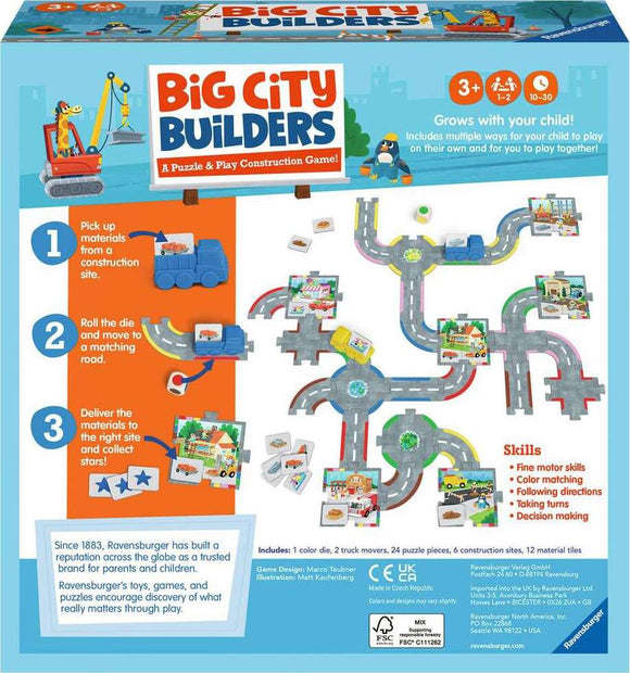 Big City Builders is a vibrant construction-themed game from Ravensburger designed for children aged 3 and up. The game features colorful components including a truck, construction site tiles, and a playboard with roads. Players roll a die to move along the paths, matching tiles, picking up materials, and delivering them to collect stars. This engaging game promotes fine motor skills, color matching, following directions, taking turns, and decision-making.