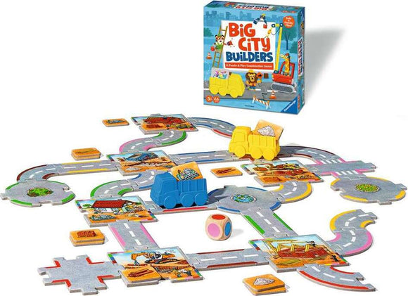 Big City Builders game by Ravensburger, featuring colorful construction vehicles like trucks on a play mat with roads and building sites. Includes game box and various cards for interactive play.