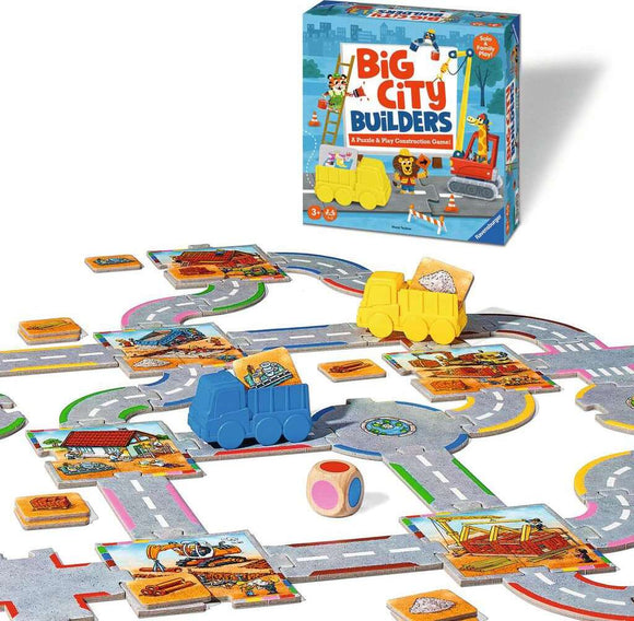 Big City Builders game by Ravensburger featuring colorful construction-themed game pieces. The game includes various road and building tiles, trucks, and a dice on a vibrant play area.