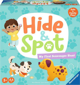 The 'Hide & Spot' game by Ravensburger features a cheerful child in a yellow shirt holding a card, surrounded by playful dogs and paw prints. The game box is designed for solo or family play and is titled 'My First Scavenger Hunt'.