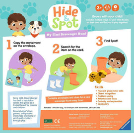 Hide & Spot game by Ravensburger, featuring a colorful design that highlights instructions for a scavenger hunt aimed at young children. The image shows steps for gameplay, including copying movements, searching for items, and finding a wooden dog. It emphasizes skills development such as fine motor skills, object recognition, and problem solving. Ideal for preschool-aged kids, encouraging exploration and fun through interactive play.