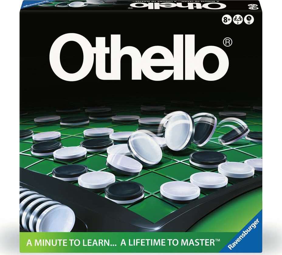 Othello 2024 game by Ravensburger, featuring a vibrant green board with black and white discs. The box is prominently displayed, highlighting the tagline 'A minute to learn... A lifetime to master.' Perfect for strategic thinkers and game lovers, suitable for ages 8 and up, accommodating 2 players.