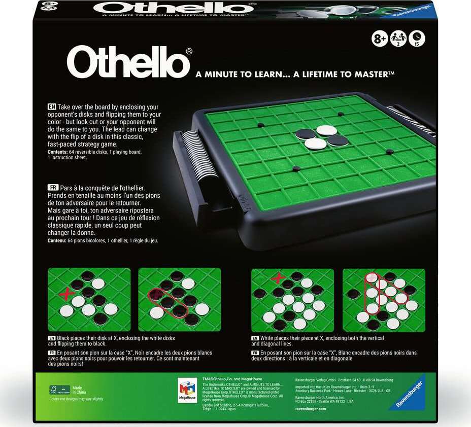 Othello 2024 board game by Ravensburger, featuring a reversible disk game on a green grid board. The back of the box showcases gameplay instructions and illustrations, emphasizing the strategic nature of the game, ideal for ages 8 and up.