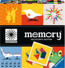Memory Collector's Edition game by Ravensburger featuring a colorful box design that includes iconic Eames office silhouettes, furniture illustrations, and vibrant graphic patterns. The box displays the title 'memory' prominently, alongside game cards showing various geometric shapes and a frog character.