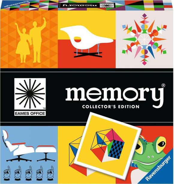 Memory Collector's Edition game by Ravensburger featuring a colorful box design that includes iconic Eames office silhouettes, furniture illustrations, and vibrant graphic patterns. The box displays the title 'memory' prominently, alongside game cards showing various geometric shapes and a frog character.