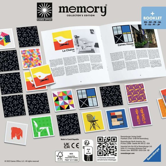 Ravensburger Memory Collector's Edition game includes a colorful selection of matching memory cards featuring designs inspired by notable Eames furniture and architecture, along with an accompanying booklet showcasing historical context and images.