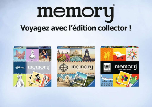 Memory Collector's Edition game by Ravensburger featuring colorful card designs including Disney characters and iconic landmarks from around the world.