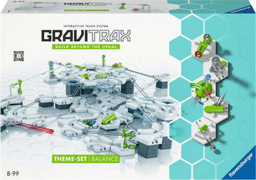 The GraviTrax Theme Set: Balance by Ravensburger features a complex, interactive marble run construction kit. The image showcases an intricate network of tracks, ramps, and components laid out in a visually engaging design. Brightly colored pieces include green, red, and blue elements, promoting physics and engineering skills through play. The set encourages creativity and problem-solving as users build their unique tracks for marbles to navigate.