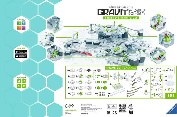 The GraviTrax Theme Set: Balance by Ravensburger showcases an interactive building kit featuring various components designed for creating marble runs. The image displays a complex layout with hexagonal track pieces, a balance mechanism, ramps, and marbles, encouraging STEM learning and hands-on play. Colorful pieces are arranged to illustrate how players can construct their unique designs.