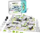 The GraviTrax Theme Set: Balance from Ravensburger features an interactive building kit to create intricate tracks. The set includes hexagonal pieces in white and green, various building components, and a packaging box that showcases the complete layout with a creative design. Perfect for STEM learning and developing problem-solving skills, this DIY kit encourages players to explore balance and motion.