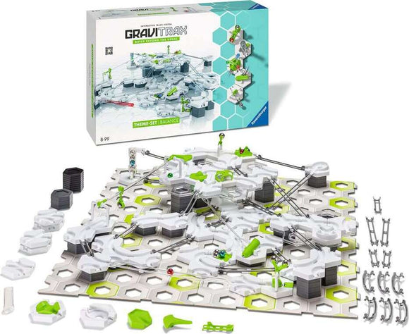 The GraviTrax Theme Set: Balance from Ravensburger features an interactive building kit to create intricate tracks. The set includes hexagonal pieces in white and green, various building components, and a packaging box that showcases the complete layout with a creative design. Perfect for STEM learning and developing problem-solving skills, this DIY kit encourages players to explore balance and motion.