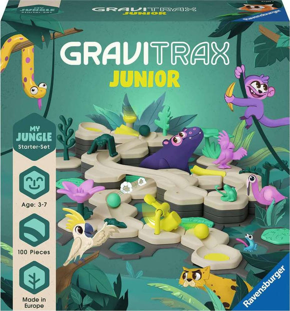 GraviTrax Junior Starter-Set Jungle by Ravensburger features a colorful DIY marble run set for kids aged 3-7. The game includes 100 pieces and showcases vibrant jungle themes with playful animals like a purple hippo, colorful birds, and a sneaky snake. Perfect for fostering creativity and problem-solving skills.