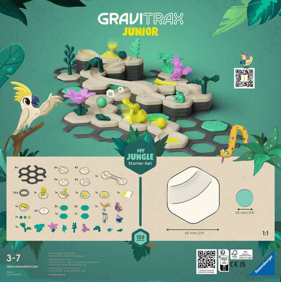 GraviTrax Junior Starter-Set Jungle by Ravensburger featuring colorful hexagonal tiles, jungle-themed pieces including plants, a parrot, and a snake. Designed for kids aged 3-7, the set promotes creativity and construction skills with 100 pieces. The background is vibrant green with tropical leaves.