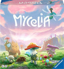Mycelia board game by Ravensburger featuring vibrant fantasy characters like a mushroom-wearing creature and whimsical monsters amidst a colorful landscape with mushrooms and flowers.